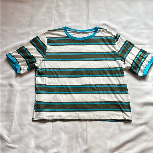 Striped Color Block Shirt Short Sleeve Crewneck Oversized Women Size Large NWOT - Picture 1 of 6